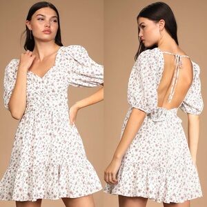 Lulus So Sweetly Floral Puff Sleeve Tie Back Mini Dress Large